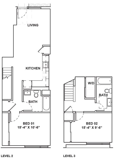 A floor plan shows a living area, kitchen, bathroom, and two bedrooms on the first level and a walk-in closet on the second level.
